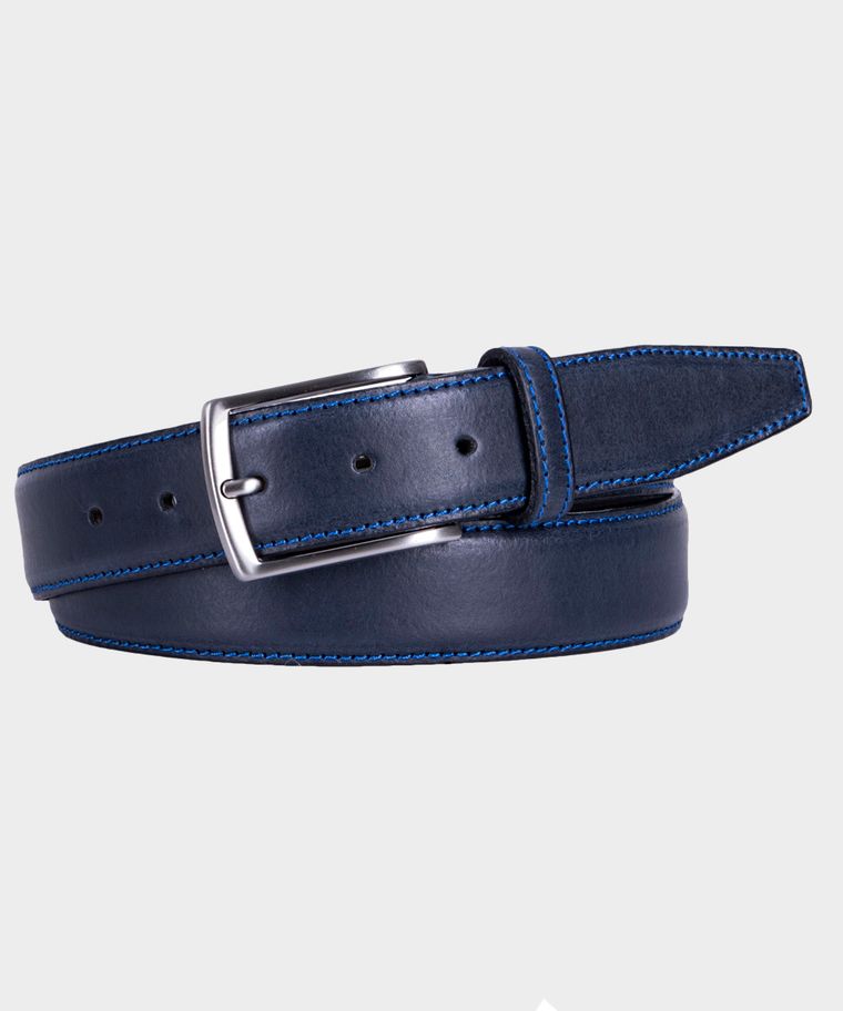 Navy leather belt with blue stitching