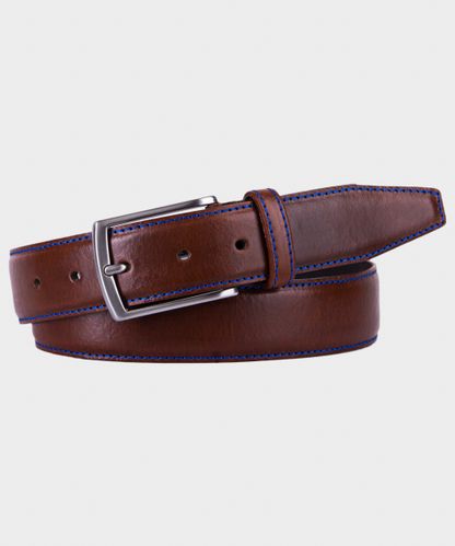 null Cognac leather belt with blue stitching