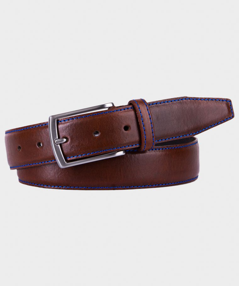 Cognac leather belt with blue stitching