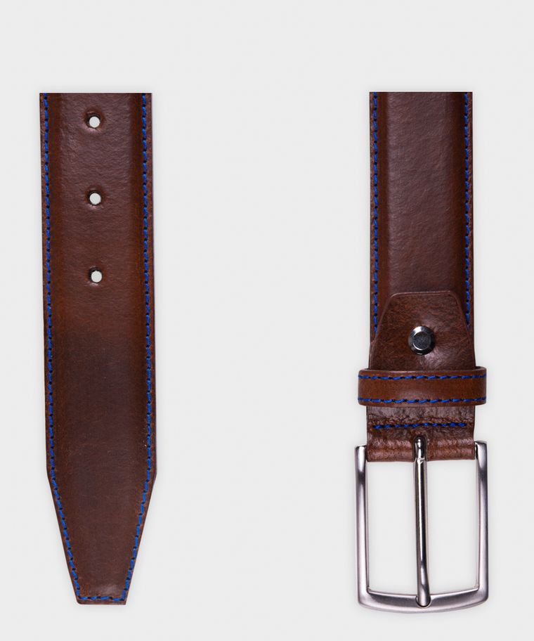Cognac leather belt with blue stitching