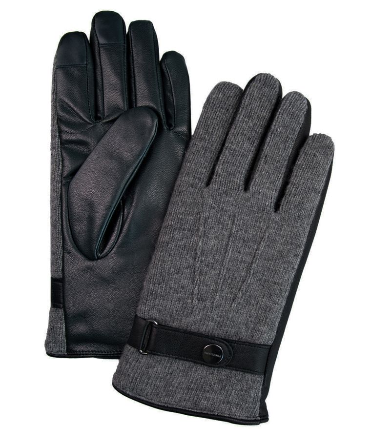 Graue Handschuhe aus Strick und Leder