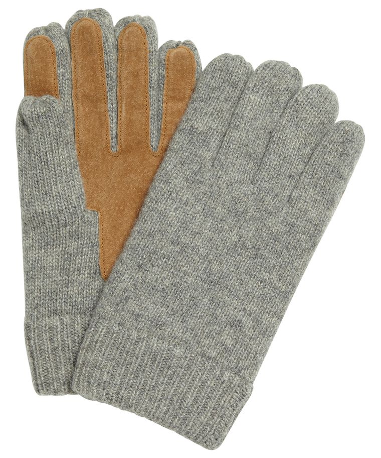 Graue Strick-Handschuhe mit Veloursleder