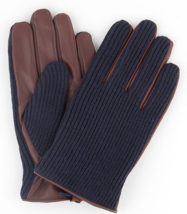 Marineblaue Strick-Handschuhe mit Leder in Cognac