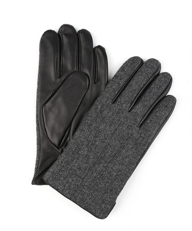 Dark grey knitted and leather gloves