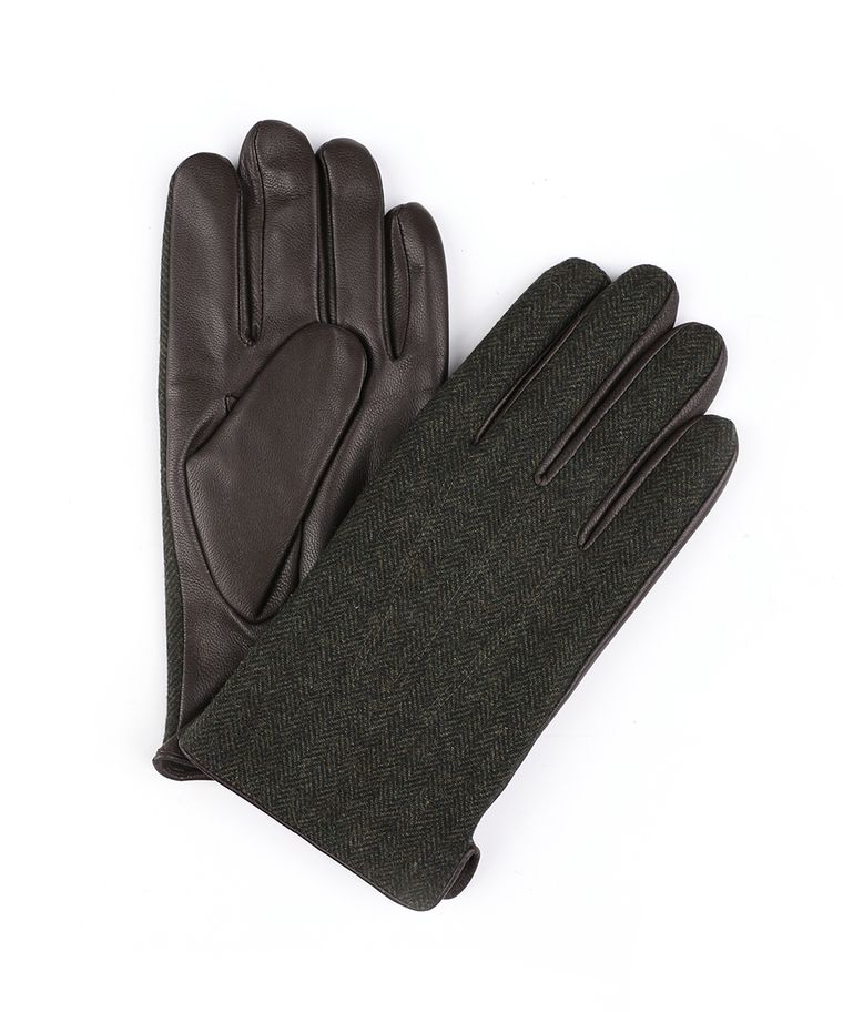 Green knitted and leather gloves