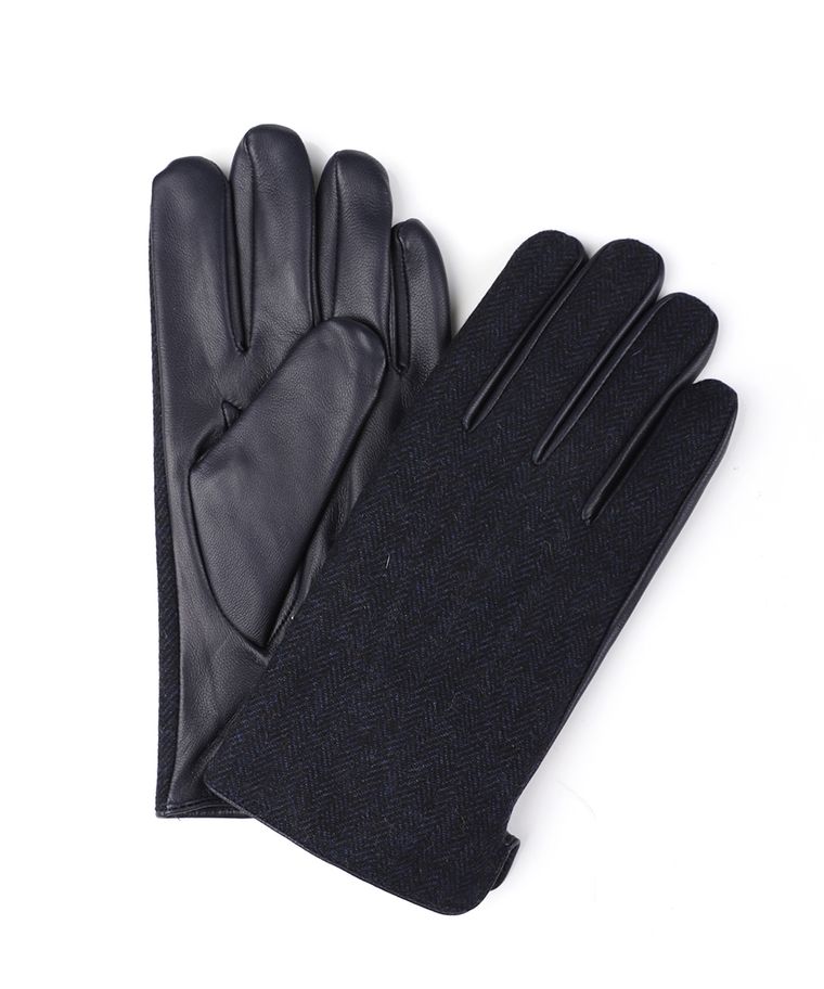 Navy knitted and leather gloves