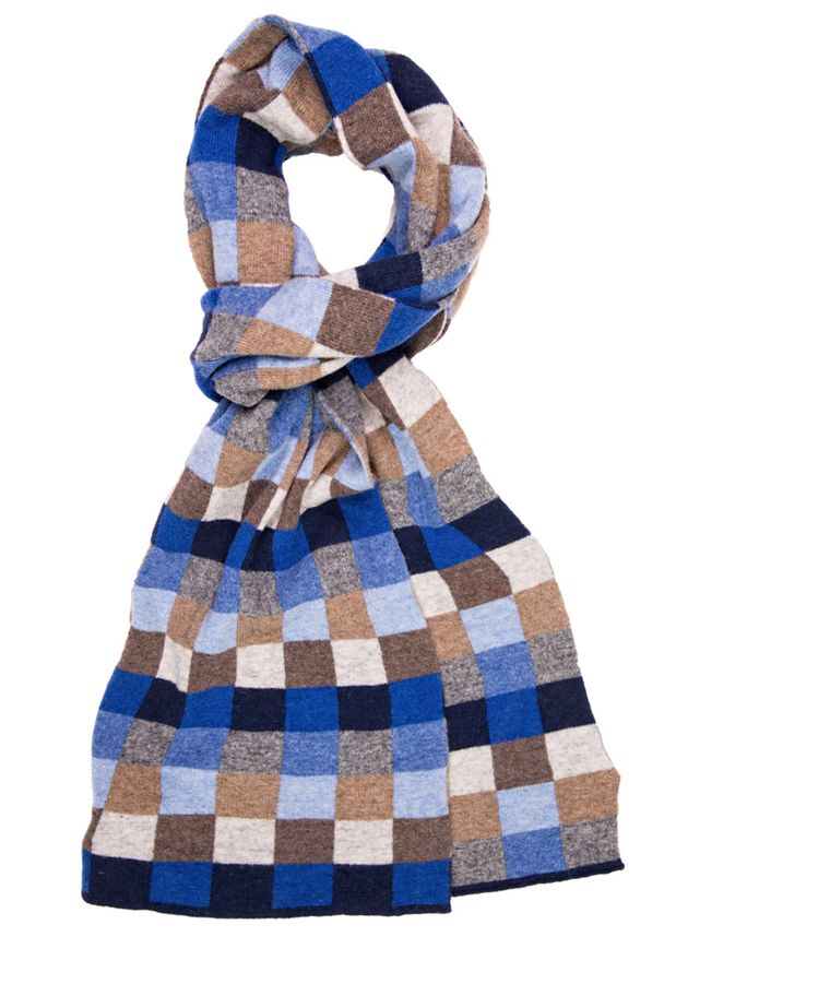 Blue check wool-cashmere scarf