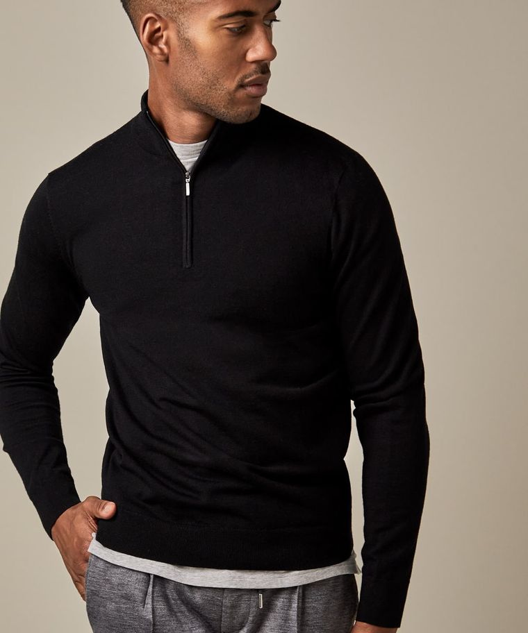Schwarzer Half Zip-Pullover aus Merinowolle
