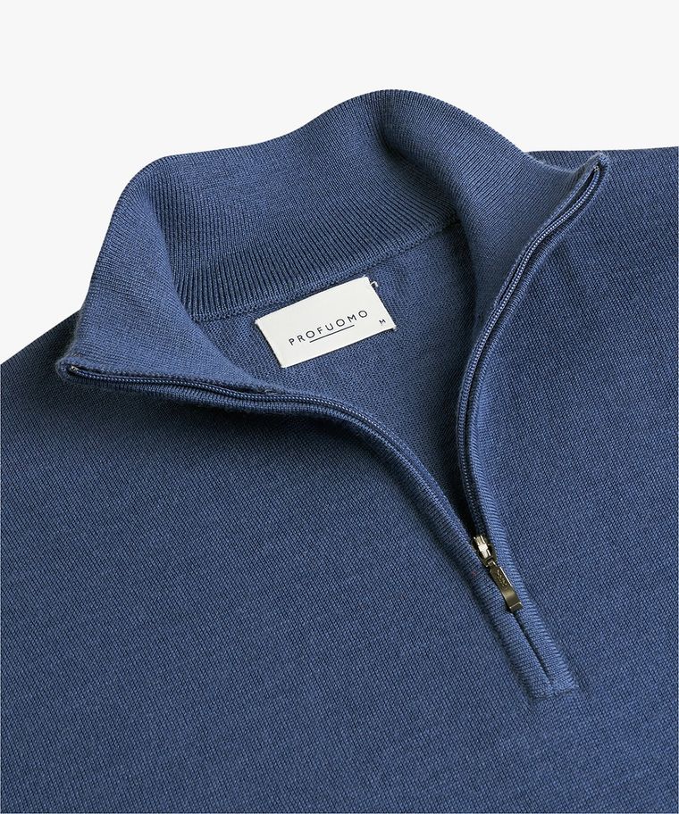 Mittelblauer Half Zip-Pullover aus Merinowolle