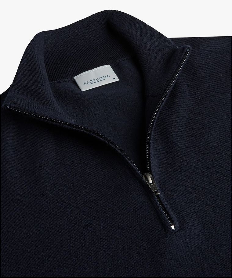 Marineblauer Half Zip-Pullover aus Wolle und Baumwolle