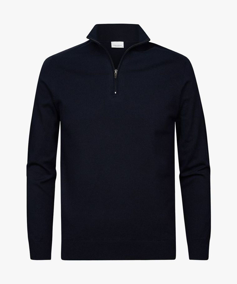 Marineblauer Half Zip-Pullover aus Wolle und Baumwolle