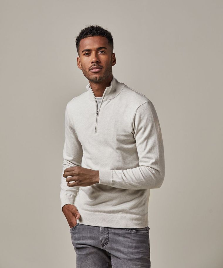 Off white wool-cotton half zip pullover