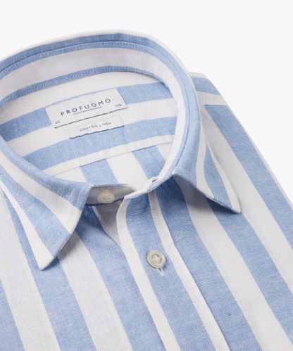 Profuomo Blauwe katoen-linnen streep overhemd