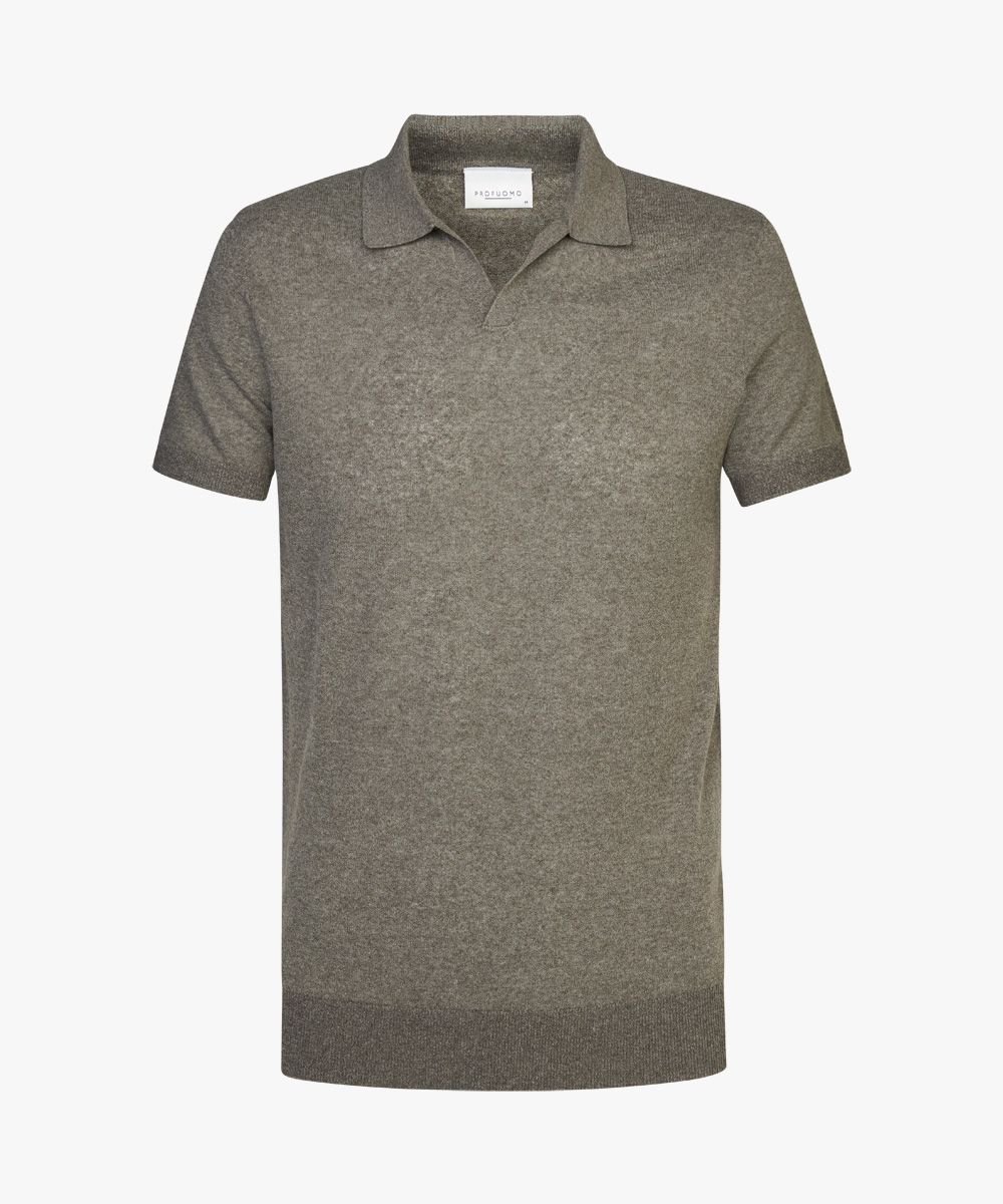 Green linen open collar polo