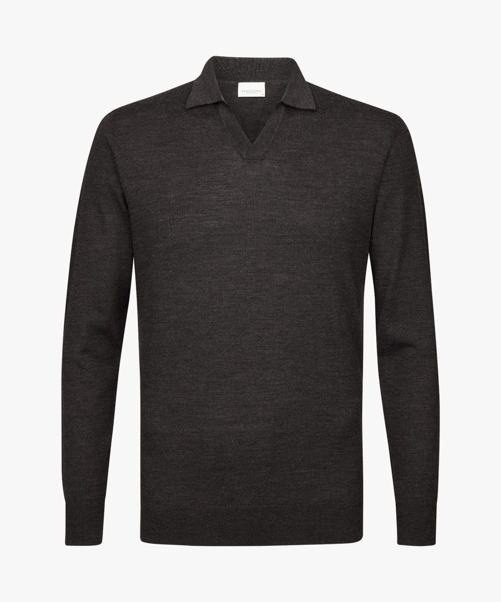 Brown merino open collar polo