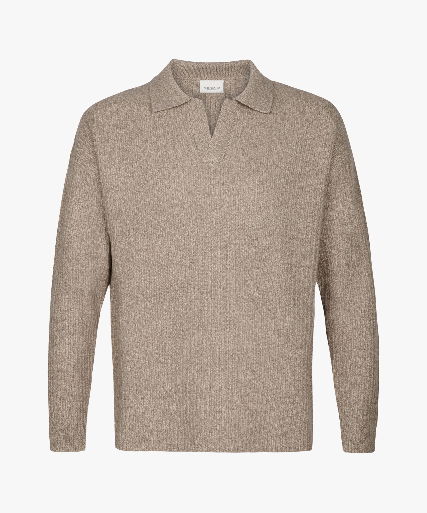 Beige wool blend open collar polo
